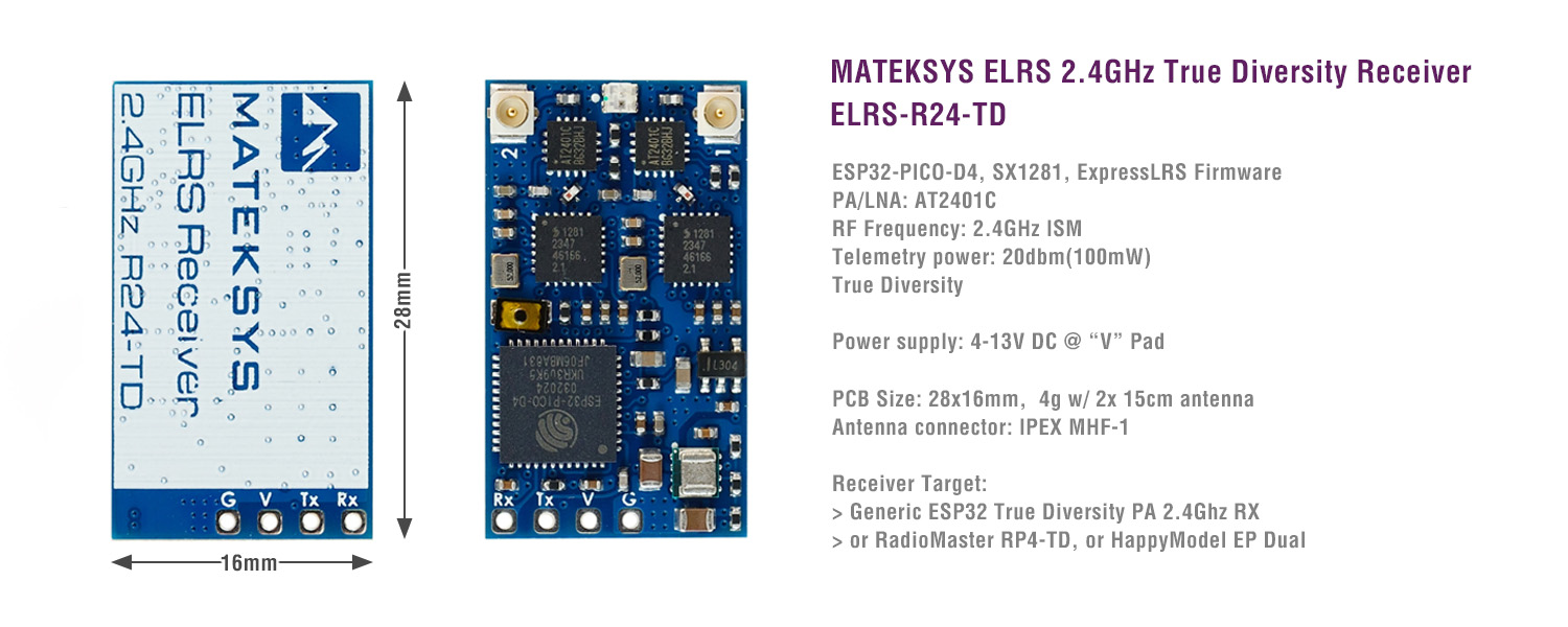 Matek EXPRESSLRS 2.4GHZ TRUE DIVERSITY RECEIVER, R24-TD Matek EXPRESSLRS 2.4GHZ TRUE DIVERSITY RECEIVER, R24-TD